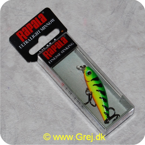 022677193953 - Rapala Ultra Light Minnow - Firetiger - 4cm/3g - Arbejdsdybde: 0.6-0.9m - Grøn/gul/orange/sort - Vægtet til lange kast og langsomt synkende - Monteret med Premium VMC Black Nickel trekroge