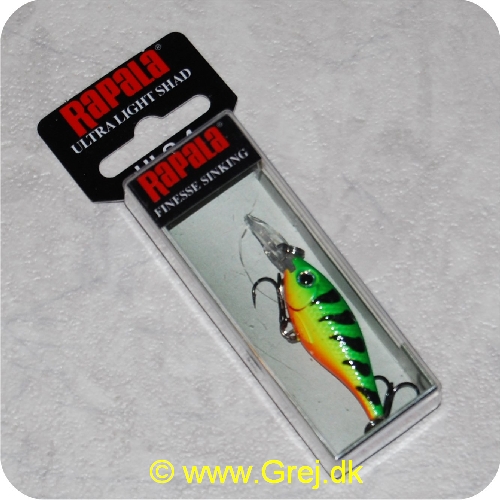 022677194158 - Rapala Ultra Light Shad - Firetiger - 4cm/3g - Arbejdsdybde: 1.2-1.5m - Grøn/gul/orange/sort - Lille i størrelse men stor i fiskeevne - Monteret med Premium VMC Black Nickel trekroge