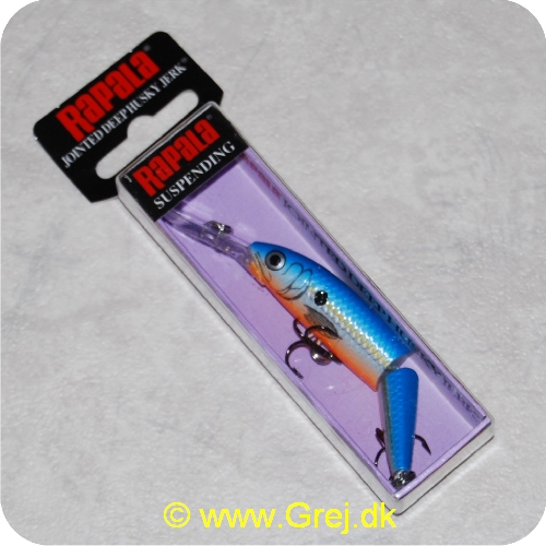 022677194219 - Rapala Jointed Deep Husky Jerk - 8cm/5g - Suspending - Blue Shad - Arbejdsdybde:1.2-2.4m - Leddelt krop der giver en livlig gang - Monteret med VMC trekroge - Blå/grå/orange