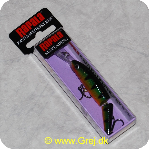 022677194257 - Rapala Jointed Deep Husky Jerk - 8cm/5g - Suspending - Perch - Arbejdsdybde:1.2-2.4m - Leddelt krop der giver en livlig gang - Monteret med VMC trekroge - Sort/grøn/guld/orange