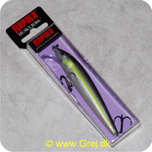 022677194882 - Rapala Husky Jerk - Rattlin - Suspending - Helsinki Shad - 10cm/10g - Arbejdsdybde:1.2-2.4m - Leddelt krop der giver en livlig gang - Monteret med VMC trekroge - Lime/sølv/blå