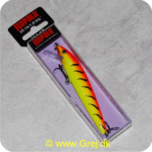 022677199672 - Rapala Husky Jerk - Rattlin - Suspending - Hot tiger - 10cm/10g - Arbejdsdybde:1.2-2.4m - Leddelt krop der giver en livlig gang - Monteret med VMC trekroge - Orange/gul/sort