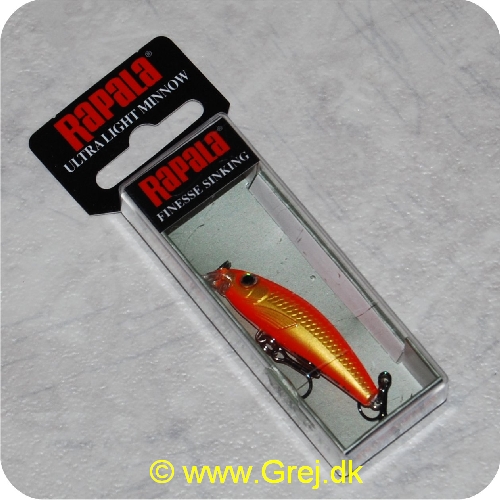 022677200569 - Rapala Ultra Light Minnow - Gold Fl Red - 4cm/3g - Arbejdsdybde: 0.6-0.9m - Orange/guld - Vægtet til lange kast og langsomt synkende - Monteret med Premium VMC Black Nickel trekroge