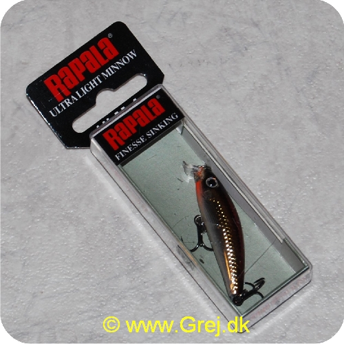 022677200576 - Rapala Ultra Light Minnow - Silver Brown - 4cm/3g - Arbejdsdybde: 0.6-0.9m - Rødbrun/guld/sølv - Vægtet til lange kast og langsomt synkende - Monteret med Premium VMC Black Nickel trekroge
