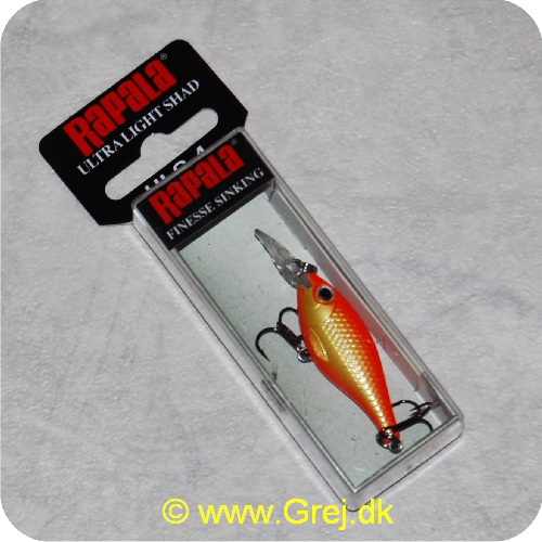 022677200644 - Rapala Ultra Light Shad - Gold Fl Red - 4cm/3g - Arbejdsdybde: 1.2-1.5m - Orange/guld - Lille i størrelse men stor i fiskeevne - Monteret med Premium VMC Black Nickel trekroge