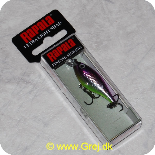 022677200675 - Rapala Ultra Light Shad - Silver Purple - 4cm/3g - Arbejdsdybde: 1.2-1.5m - Lilla/sølv/lime                                                                                                                                                                                                                                                                                                                                                                                                                                                                                   - Lille i størrelse men stor i fiskeevne - Monteret med Premium VMC Black Nickel trekroge