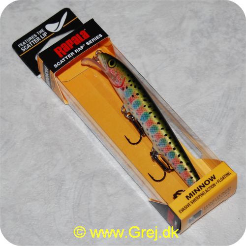 022677225876 - Rapala Scatter Rap Minnow - 11cm/6g - Rainbow Trout - Arbejdsdybde: 1.8-2.7m - Både til kastning og trolling - Olive/hvid med røde/blå/ sorte pletter