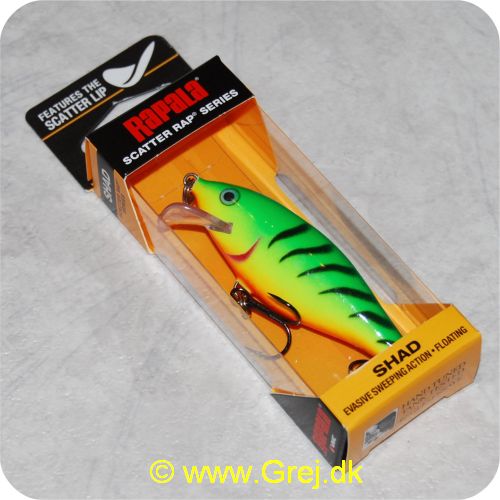 022677225982 - Rapala Scatter Rap Shad - 7cm/7g - Firetiger - Arbejdsdybde: 1.5-2.4m - Både til kastning og trolling - Grøn/gul/orange med sorte aftegninger