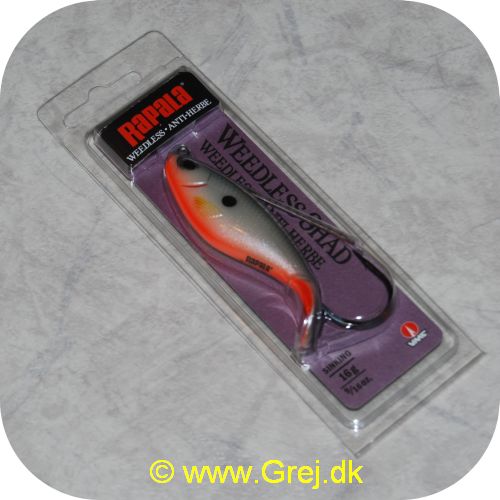 022677247984 - Rapala Weedless Shad
Unikt designet kropsform
Weedless VMC enkelt-krog
Sprællende  hale-sparkende action
Flyder langsomt ned på kastet
Første ægte weedless hardbait
Arbejdsdybde: synkende variabel.
SD - Orange/sølv/grå