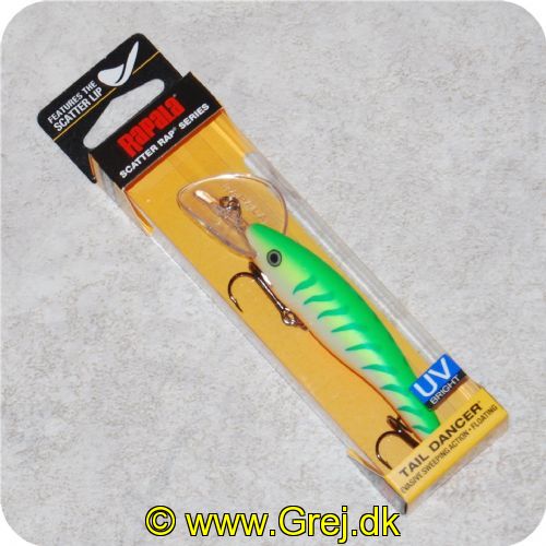 022677254593 - Rapala Scatter Rap Tail Dancer - Flydende - 9cm - 13 gram - Green Tiger UV - Har en meget flakkende gang i vandet - Arbejdsdybde: 3.3-5.7m