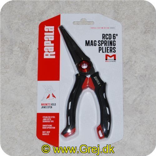 022677280516 - Rapala RCD tang - Rustfri kraftig stål - 6tomme - Håndtag belagt med kunstgummi - Patent-anmeldt magnetisk fjeder-mekanisme<LI>
To indvendige. modsatte magneter holder tangen åben<LI>
    Nem håndtering med én hånd
    Gab i rustfrit stål med gunmetal finish
    Savtakket spidser for sikkert greb
    Ergonomisk soft grip greb
