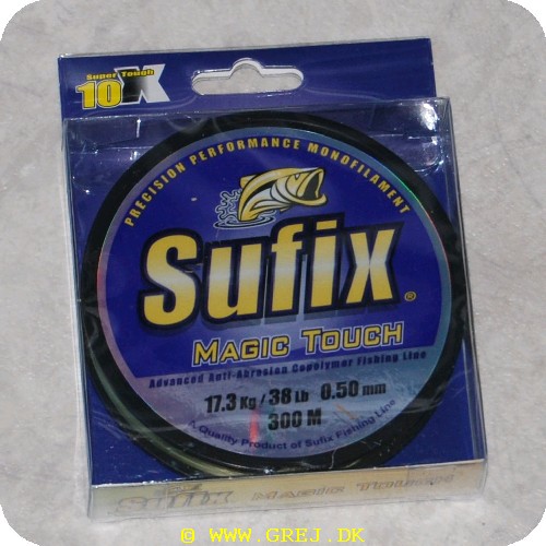 024777346079 - Sufix Magic Touch monofilline - 0,50mm - 300 meter - 17,3 kg - Farve: Camo Green - Den eksklusive Super Bond Polymer overflade har en slidstyrke,der er op til 10 gange større end mange tilsvarende liners