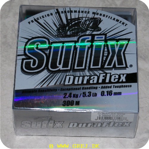 024777371088 - Sufix Daraflex line - 0,16mm - 300m - Brudstyrke: 2,4 kg - Farve: Klar - Ekstrem smidig ogglat line - Giver problemfrie og lange kast 