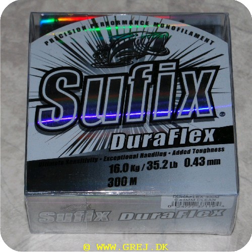 024777371194 - Sufix Daraflex line - 0,43mm - 300m - Brudstyrke: 16,0 kg - Farve: Klar - Ekstrem smidig ogglat line - Giver problemfrie og lange kast 