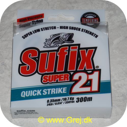 024777689220 - Sufix Super 21 Monofilline 0.35mm - Styrke: 10.7 kg - Clear - 300m - Linen har fremragende elastisk stød-od knudestyrke