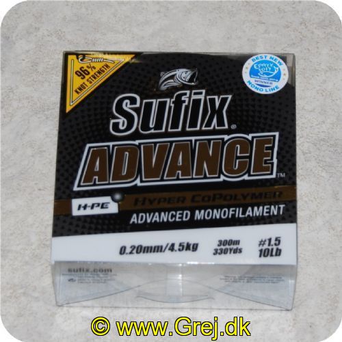 024777708259 - Sufix - Advance Monofilement HPE - 0.20 mm/4.5 kg 300meter
Sufix Advance Clear blev årets vinder inden for monofil liner på EFFTEX 2017.
Firmaet bag Sufix-linen har udviklet en proces (magnetisk ekstruderings-proces). der trækker HMPE molekylerne mod overfladen af linen. hvilket skaber en holdbar. slidstærk overflade uden at ofre linens smidighed og fremragende egenskaber. 
Hyper Copolymer brugt i Advance giver linen dets smidige egenskaber. Smidighed i kombination med G2 Precision Winding skaber en så godt som "hukommelsesfri" line. der manøvrer perfekt og er ideel til præcise kast.
Sufix Advance holder meget længere under solrige betingelser. og i teorien er linen mindre synlig end almindelig nylon. Det lave stræk. som linen har. forbedrer præstationer. line-kontrol og krogningsevne.
En line med extra mange gode egenskaber. som er:
Slidstærk
Smidig
Lav hukommelse
Lav friktion
Lavt stræk
Følsom    
Langt kastende
Glat
