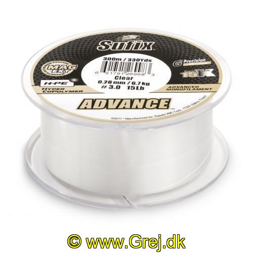 024777708280 - Sufix - Advance Monofilement HPE - 0.28 mm/6.7 kg 300meter
Sufix Advance Clear blev årets vinder inden for monofil liner på EFFTEX 2017.
Firmaet bag Sufix-linen har udviklet en proces (magnetisk ekstruderings-proces). der trækker HMPE molekylerne mod overfladen af linen. hvilket skaber en holdbar. slidstærk overflade uden at ofre linens smidighed og fremragende egenskaber. 
Hyper Copolymer brugt i Advance giver linen dets smidige egenskaber. Smidighed i kombination med G2 Precision Winding skaber en så godt som "hukommelsesfri" line. der manøvrer perfekt og er ideel til præcise kast.
Sufix Advance holder meget længere under solrige betingelser. og i teorien er linen mindre synlig end almindelig nylon. Det lave stræk. som linen har. forbedrer præstationer. line-kontrol og krogningsevne.
En line med extra mange gode egenskaber. som er:
Slidstærk
Smidig
Lav hukommelse
Lav friktion
Lavt stræk
Følsom    
Langt kastende
Glat
