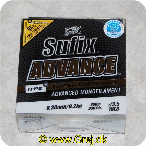 024777708297 - Sufix - Advance Monofilement HPE - 0.30 mm/8.2 kg 300meter
Sufix Advance Clear blev årets vinder inden for monofil liner på EFFTEX 2017.
Firmaet bag Sufix-linen har udviklet en proces (magnetisk ekstruderings-proces). der trækker HMPE molekylerne mod overfladen af linen. hvilket skaber en holdbar. slidstærk overflade uden at ofre linens smidighed og fremragende egenskaber. 
Hyper Copolymer brugt i Advance giver linen dets smidige egenskaber. Smidighed i kombination med G2 Precision Winding skaber en så godt som "hukommelsesfri" line. der manøvrer perfekt og er ideel til præcise kast.
Sufix Advance holder meget længere under solrige betingelser. og i teorien er linen mindre synlig end almindelig nylon. Det lave stræk. som linen har. forbedrer præstationer. line-kontrol og krogningsevne.
En line med extra mange gode egenskaber. som er:
Slidstærk
Smidig
Lav hukommelse
Lav friktion
Lavt stræk
Følsom    
Langt kastende
Glat
