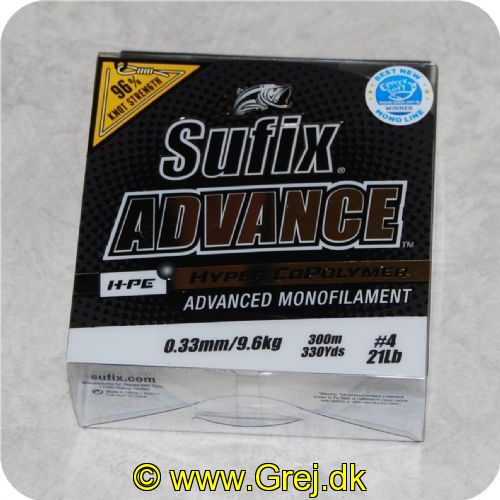 024777708303 - Sufix - Advance Monofilement HPE - 0.33 mm/9.6 kg 300meter
Sufix Advance Clear blev årets vinder inden for monofil liner på EFFTEX 2017.
Firmaet bag Sufix-linen har udviklet en proces (magnetisk ekstruderings-proces). der trækker HMPE molekylerne mod overfladen af linen. hvilket skaber en holdbar. slidstærk overflade uden at ofre linens smidighed og fremragende egenskaber. 
Hyper Copolymer brugt i Advance giver linen dets smidige egenskaber. Smidighed i kombination med G2 Precision Winding skaber en så godt som "hukommelsesfri" line. der manøvrer perfekt og er ideel til præcise kast.
Sufix Advance holder meget længere under solrige betingelser. og i teorien er linen mindre synlig end almindelig nylon. Det lave stræk. som linen har. forbedrer præstationer. line-kontrol og krogningsevne.
En line med extra mange gode egenskaber. som er:
Slidstærk
Smidig
Lav hukommelse
Lav friktion
Lavt stræk
Følsom    
Langt kastende
Glat
