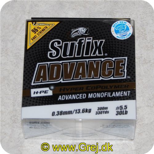 024777708327 - Sufix - Advance Monofilement HPE - 0.38 mm/13.6 kg 300meter
Sufix Advance Clear blev årets vinder inden for monofil liner på EFFTEX 2017.
Firmaet bag Sufix-linen har udviklet en proces (magnetisk ekstruderings-proces). der trækker HMPE molekylerne mod overfladen af linen. hvilket skaber en holdbar. slidstærk overflade uden at ofre linens smidighed og fremragende egenskaber. 
Hyper Copolymer brugt i Advance giver linen dets smidige egenskaber. Smidighed i kombination med G2 Precision Winding skaber en så godt som "hukommelsesfri" line. der manøvrer perfekt og er ideel til præcise kast.
Sufix Advance holder meget længere under solrige betingelser. og i teorien er linen mindre synlig end almindelig nylon. Det lave stræk. som linen har. forbedrer præstationer. line-kontrol og krogningsevne.
En line med extra mange gode egenskaber. som er:
Slidstærk
Smidig
Lav hukommelse
Lav friktion
Lavt stræk
Følsom    
Langt kastende
Glat

