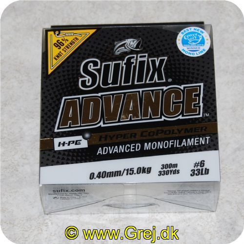 024777708334 - Sufix - Advance Monofilement HPE - 0.40 mm/15 kg 300meter
Sufix Advance Clear blev årets vinder inden for monofil liner på EFFTEX 2017.
Firmaet bag Sufix-linen har udviklet en proces (magnetisk ekstruderings-proces). der trækker HMPE molekylerne mod overfladen af linen. hvilket skaber en holdbar. slidstærk overflade uden at ofre linens smidighed og fremragende egenskaber. 
Hyper Copolymer brugt i Advance giver linen dets smidige egenskaber. Smidighed i kombination med G2 Precision Winding skaber en så godt som "hukommelsesfri" line. der manøvrer perfekt og er ideel til præcise kast.
Sufix Advance holder meget længere under solrige betingelser. og i teorien er linen mindre synlig end almindelig nylon. Det lave stræk. som linen har. forbedrer præstationer. line-kontrol og krogningsevne.
En line med extra mange gode egenskaber. som er:
Slidstærk
Smidig
Lav hukommelse
Lav friktion
Lavt stræk
Følsom    
Langt kastende
Glat
