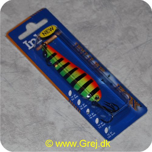 027752018602 - Blue Fox Inkoo blink - 18 g - 7cm - Grøn/gul/rød m/sorte tværstreger