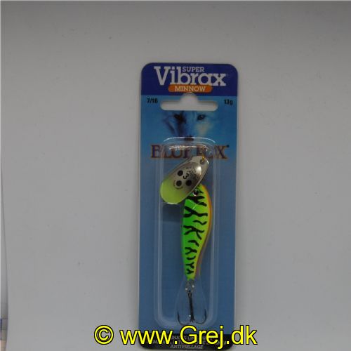 027752024146 - Minnow Super Vibrax - Gul/Sølv med sorte prikker spinneblad med firetiger farvet fisk efter.
<BR><BR>
Str. 3 - 13g<BR><BR>
Verdens mest langkastende