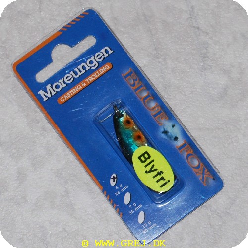 027752089916 - BlueFox - Moreungen - Skeblink - 4 gram - blå m/orange pletter med sort prik med VMC-krog<LI>Denne skeblink er speciel designet til ørredfiskeri
