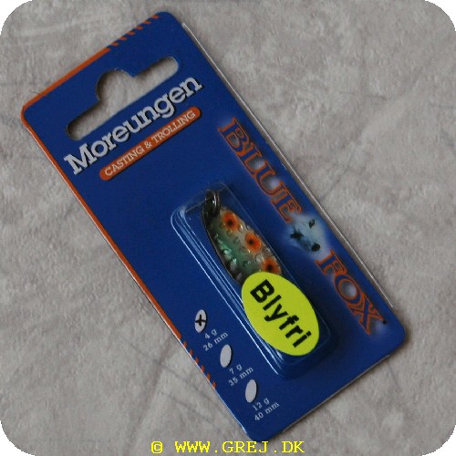 027752089930 - BlueFox - Moreungen - Skeblink - 4 gram - Grøn m/orange pletter med sort prik med VMC-krog<LI>Denne skeblink er speciel designet til ørredfiskeri