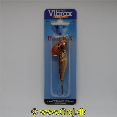 027752107153 - Minnow Super Vibrax - Rød/Kobber farvet spinneblad med Sort/Kobber/Sølv farvet fisk efter. - Str. 3 - 13g
<BR><BR>
Str. 3 - 13g<BR><BR>
Verdens mest langkastende