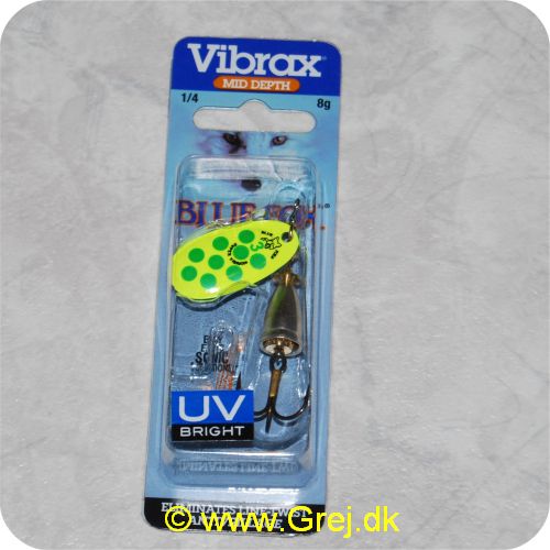 027752113437 - Vibrax str. 3 - 8g - Mid Depth - UV Bright - Gul blad med grønne pletter - sølv krop