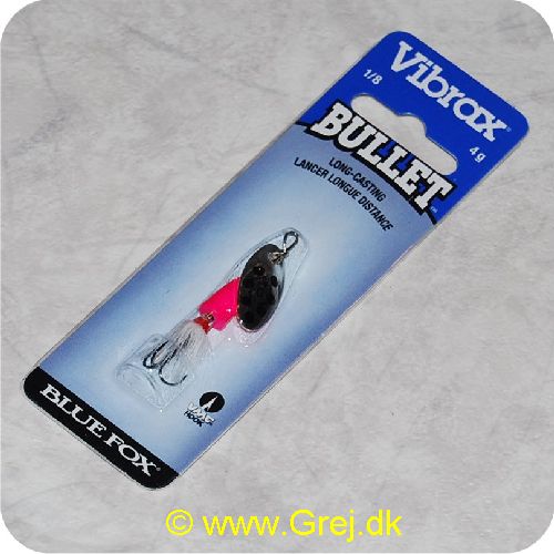 027752114137 - Vibrax Bullet Fly str. 0 - 4 gram - sølvblad m/sorte pletter - hvide hår - orange messing klokke - VMC trekrog - Langkastende