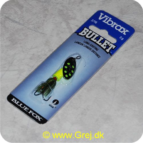 027752114168 - Vibrax Bullet Fly str. 1 - 5 gram - Sort blad m/Grønne pletter - Grønne hår - Gul messing klokke - VMC trekrog - Langkastende