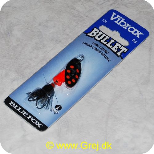 027752114229 - Vibrax Bullet Fly str. 2 - 8 gram - Sort blad m/røde pletter - Sort hår - Orange messing klokke - VMC trekrog - Langkastende