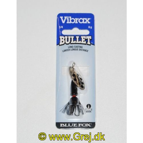 027752114250 - Vibrax Bullet Fly str. 2 - 8g - Sølv blad m/sorte pletter - Sort klokke - Sorte hår - VMC trekrog - Langkastende
