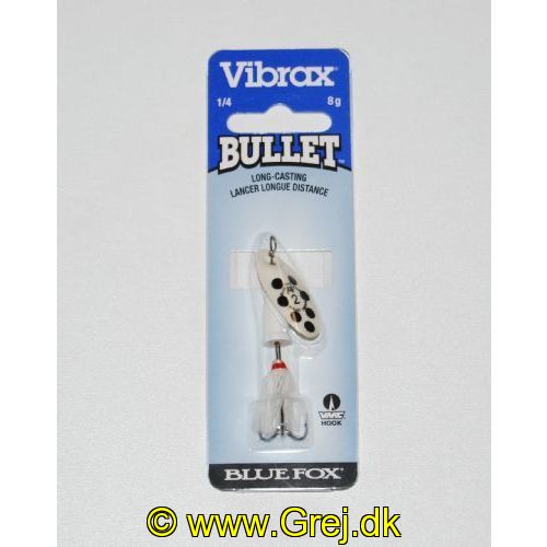 027752114281 - Vibrax Bullet Fly str. 2 - 8g - Hvid blad m/sorte pletter - Hvid klokke - Hvide hår - VMC trekrog - Langkastende