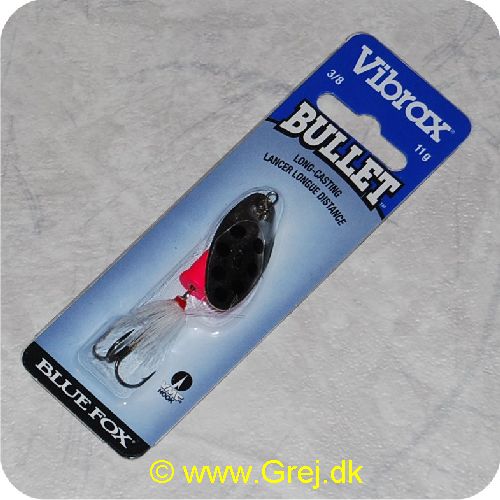 027752114342 - Vibrax Bullet Fly str. 3 - 11 gram - sølvblad m/sorte pletter - Hvid hår - Orange messing klokke - VMC trekrog - Langkastende