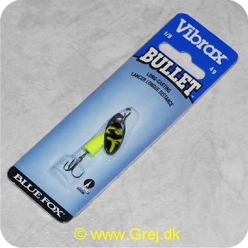 027752115912 - Vibrax Bullet str. 0 - 4g - Sølv med sort/gule aftegninger - Gul messing klokke - VMC trekrog - Langkastende