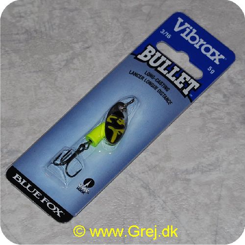 027752115974 - Vibrax Bullet str. 1 - 5g - Sølv med sort/gule aftegninger - Gul messing klokke - VMC trekrog - Langkastende