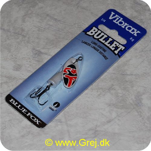 027752116049 - Vibrax Bullet str. 2 - 8g - Hvid med sort/røde aftegninger - Hvid messing klokke - VMC trekrog - Langkastende