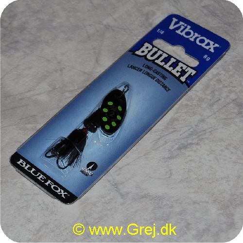 027752116186 - Vibrax Bullet Fly str. 2 - 8 gram - Sort blad m/grønne pletter - Sort hår - Sort messing klokke - VMC trekrog - Langkastende