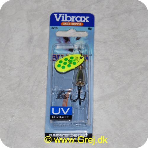 027752122903 - Vibrax str. 2 - 6g - Mid Depth - UV Bright - Gul blad m/ grønne prikker - sølvkrop