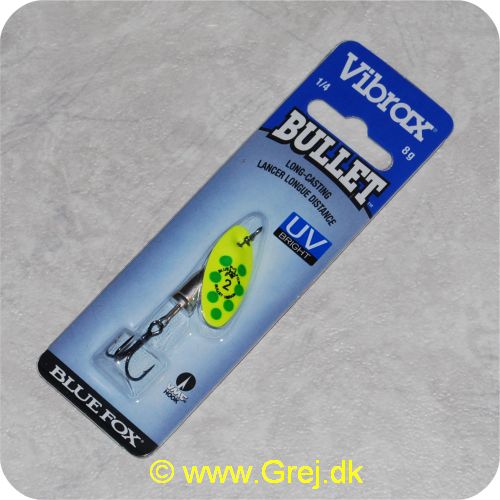 027752124020 - Bluefox Vibrax Bullet UV str. 2 - 8 gram - Gul m/ grønne pletter - Sølvklokke - VMC krog - Langkastende