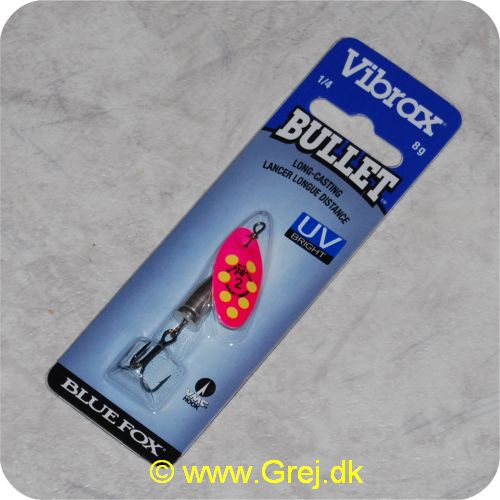 027752124037 - Bluefox Vibrax Bullet UV str. 2 - 8 gram - Pink m/ gule pletter - Sølvklokke - VMC krog - Langkastende