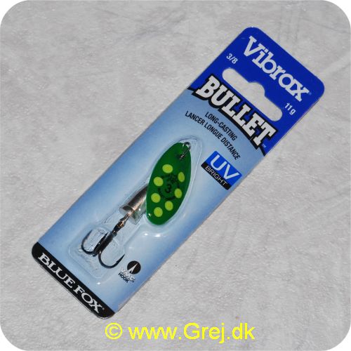 027752124075 - Bluefox Vibrax Bullet UV str. 3 - 11 gram - Grøn m/ gule pletter - Sølvklokke - VMC krog - Langkastende
