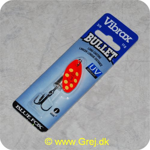 027752124082 - Bluefox Vibrax Bullet UV str. 3 - 11 gram - Orange m/ gule pletter - Sølvklokke - VMC krog - Langkastende