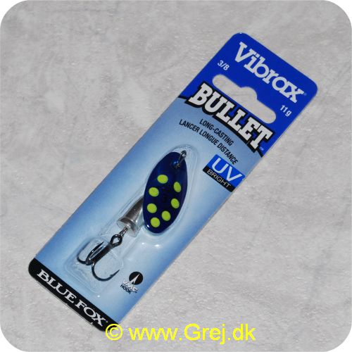 027752124112 - Bluefox Vibrax Bullet UV str. 3 - 11 gram - Blå m/ gule pletter - Sølvklokke - VMC krog - Langkastende