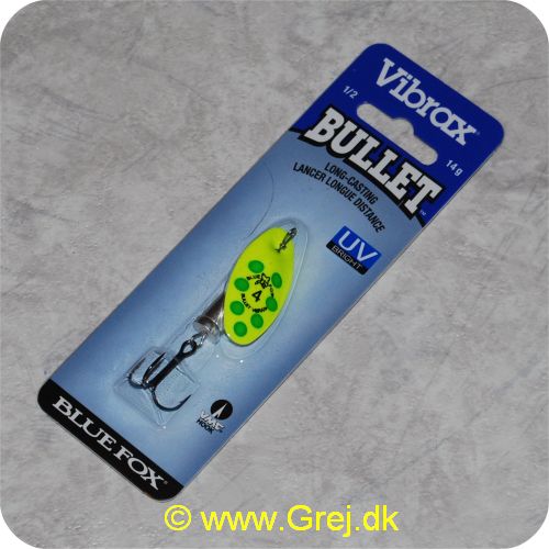 027752124143 - Bluefox Vibrax Bullet UV str. 4 - 14 gram - Gul m/ grønne pletter - Sølvklokke - VMC krog - Langkastende
