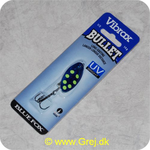 027752124167 - Bluefox Vibrax Bullet UV str. 4 - 14 gram - Blå m/ gule pletter - Sølvklokke - VMC krog - Langkastende