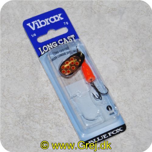 027752133619 - Vibrax str. 2 / 7g. - Long Cast - Sort blad med kobber baggrund og røde pletter - Orange klokke